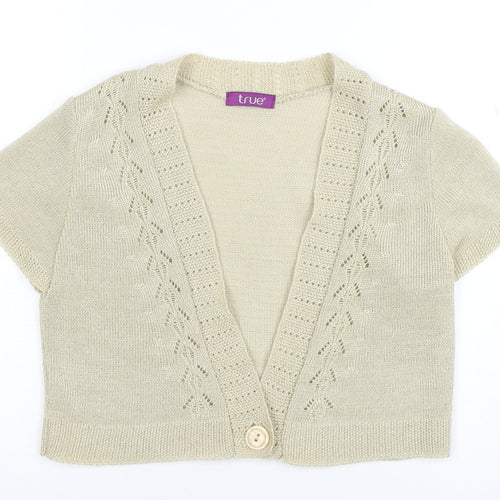 True Womens Beige Short Sleeve V-Neck Knit Cardigan Size 16