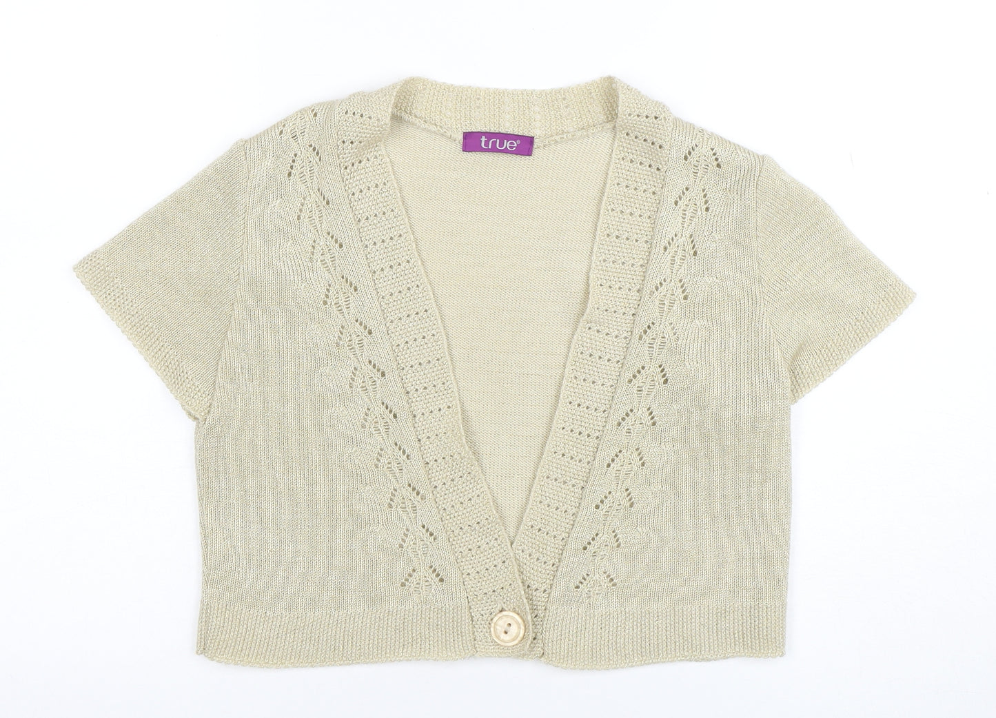 True Womens Beige Short Sleeve V-Neck Knit Cardigan Size 16