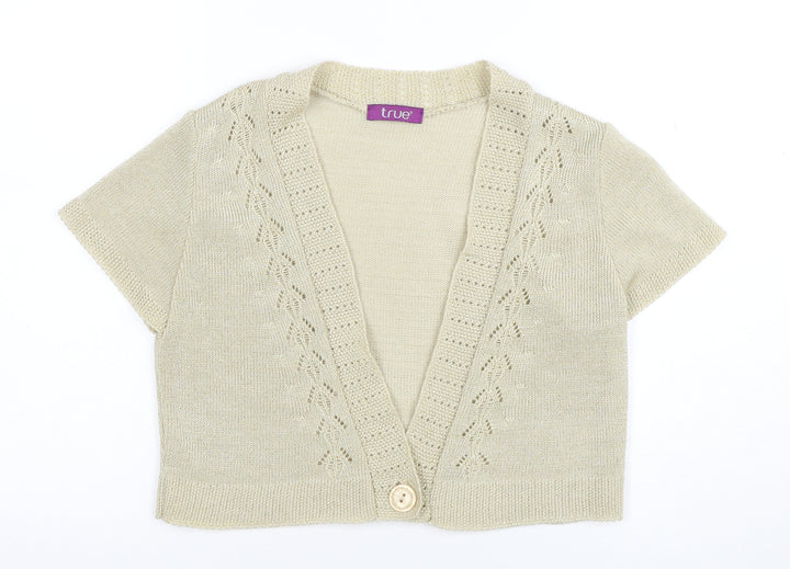 True Womens Beige Short Sleeve V-Neck Knit Cardigan Size 16