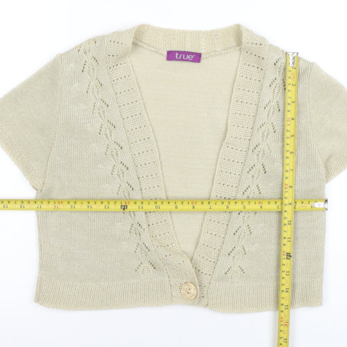 True Womens Beige Short Sleeve V-Neck Knit Cardigan Size 16