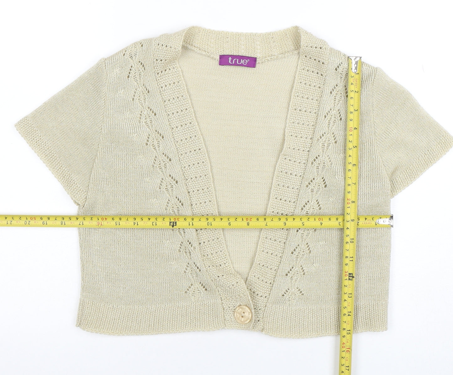 True Womens Beige Short Sleeve V-Neck Knit Cardigan Size 16