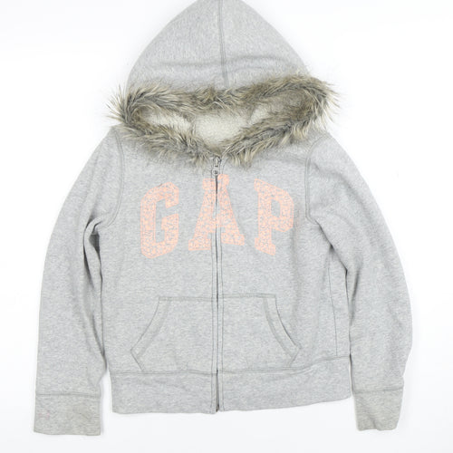 GAP Girls Grey Fur Trim Full Zip Hoodie Size M
