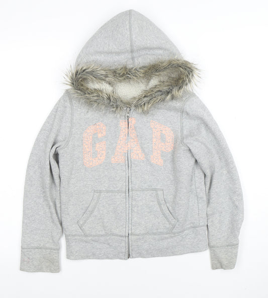 GAP Girls Grey Fur Trim Full Zip Hoodie Size M