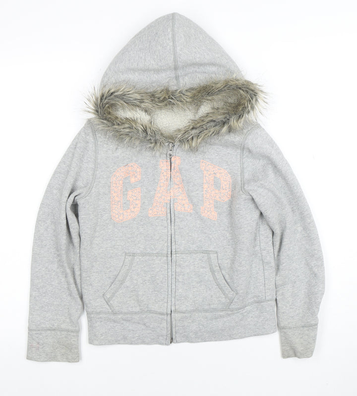 GAP Girls Grey Fur Trim Full Zip Hoodie Size M