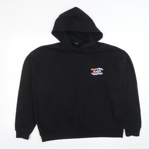 Boohoo Mens Black Pullover Hoodie M Graphic Print Logo Sweatshirt