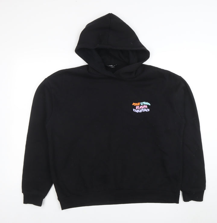 Boohoo Mens Black Pullover Hoodie M Graphic Print Logo Sweatshirt