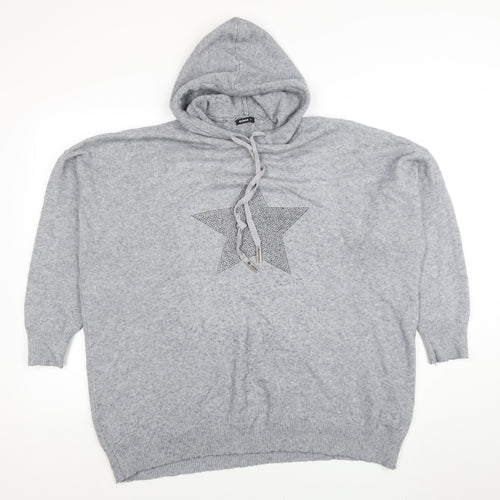 Roman Women Grey L Hooded Pullover Sweatshirt Rhinestone Star