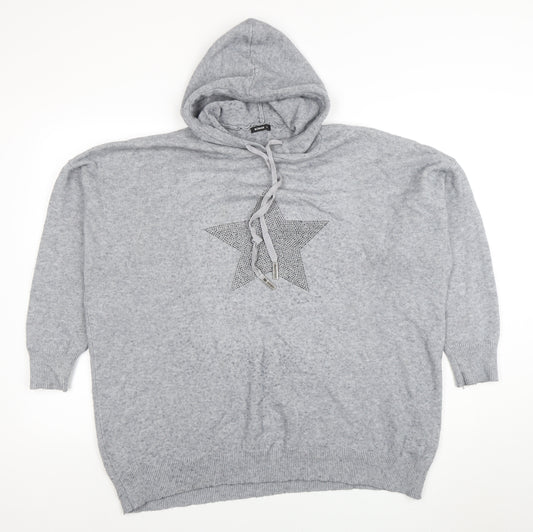 Roman Women Grey L Hooded Pullover Sweatshirt Rhinestone Star