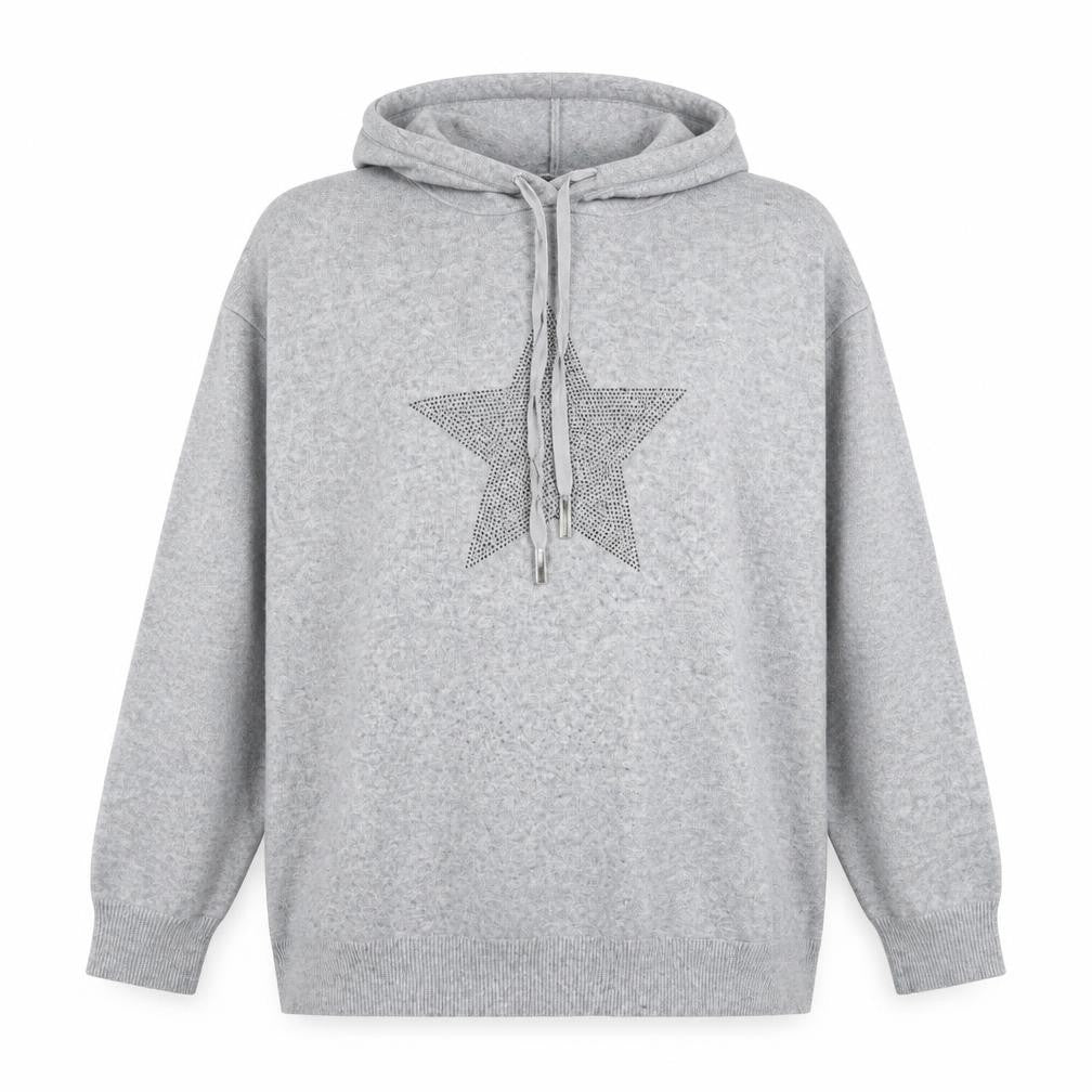Roman Women Grey L Hooded Pullover Sweatshirt Rhinestone Star
