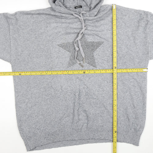 Roman Women Grey L Hooded Pullover Sweatshirt Rhinestone Star