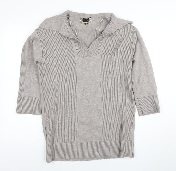 River Island Women’s Grey Knit Tunic Top M Collared 3/4 Sleeve