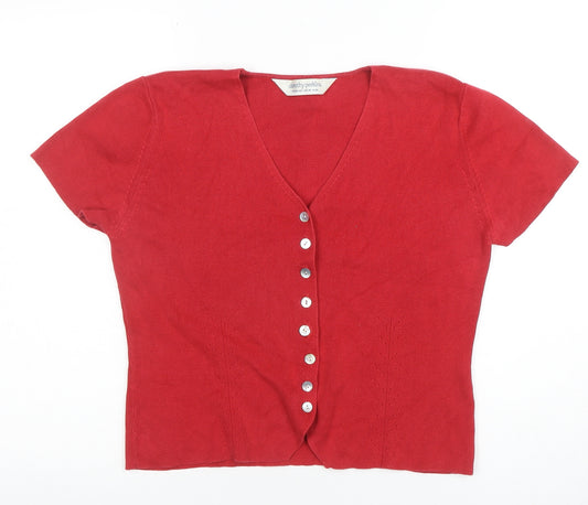 Dorothy Perkins Women Red Cotton V-Neck Short Sleeve Cardigan UK14