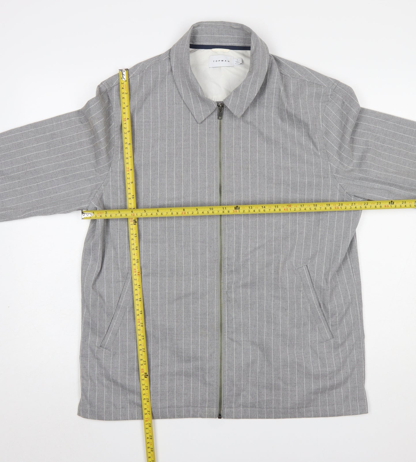 Topman Men's Grey Striped Zip-Up Jacket Size L Casual Twill