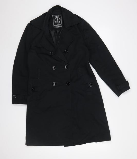 BiG Women's Black Long Trench Coat M Cotton Double-Breasted Classic