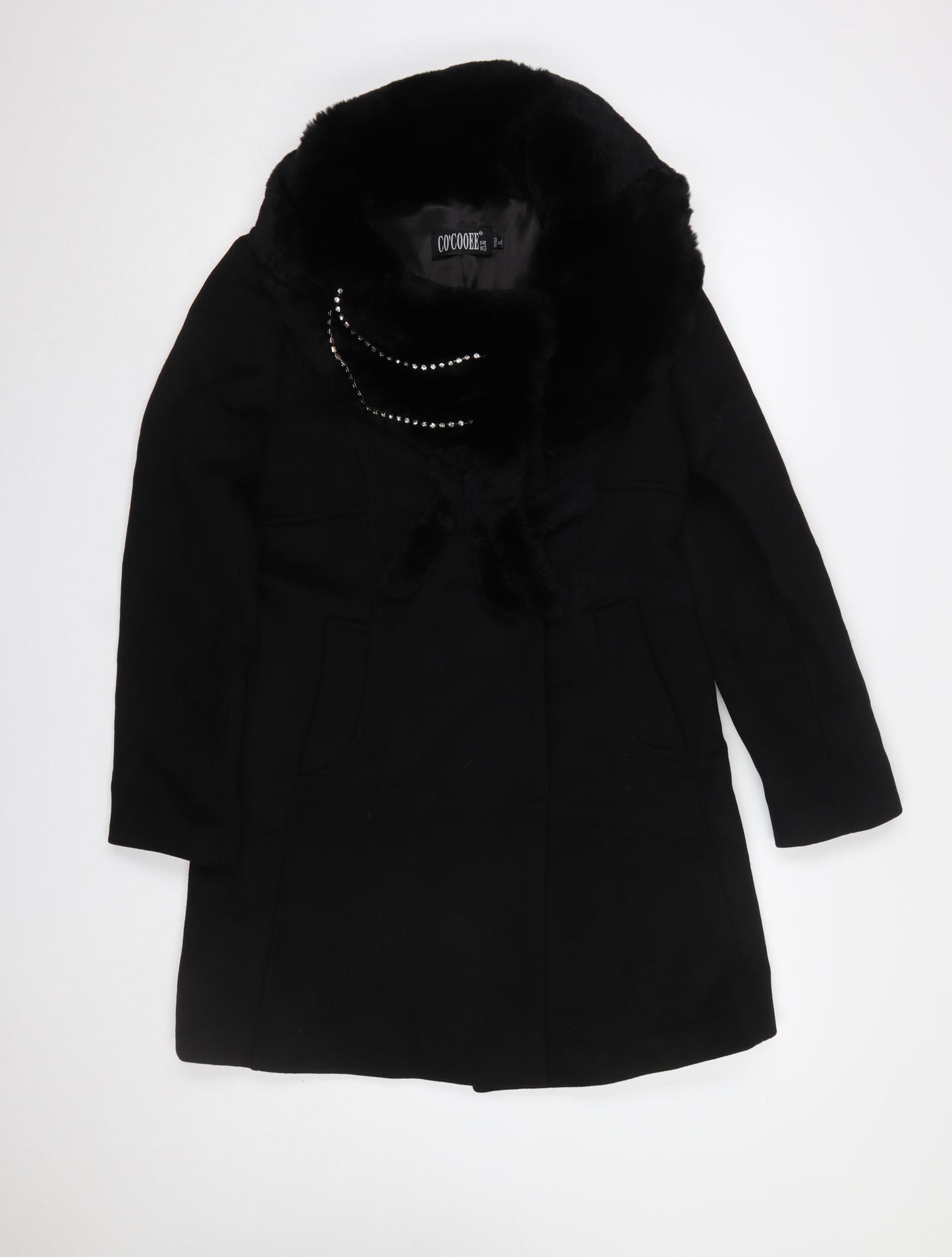 CO'COOEE Women's Black Wool Blend Faux Fur Collar Coat Size 14