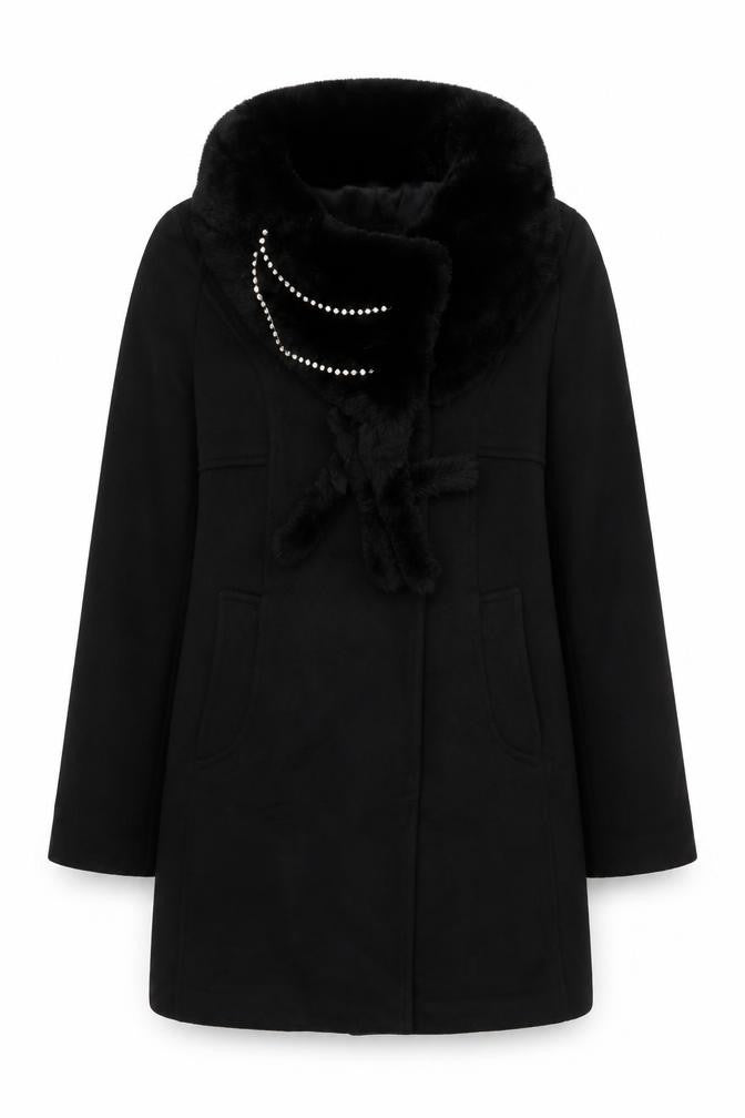 Front view of CO'COOEE Women's Black Wool Blend Faux Fur Collar Coat, size 14