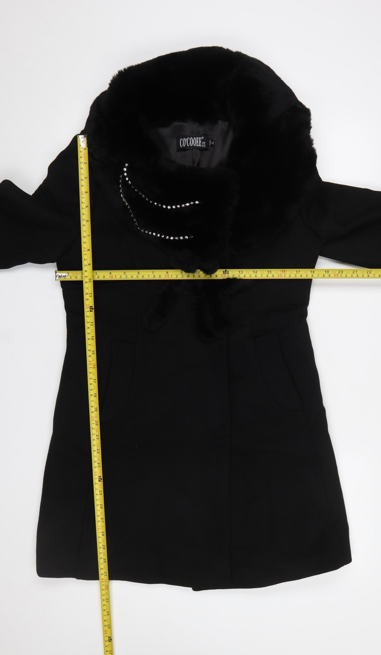 CO'COOEE Women's Black Wool Blend Faux Fur Collar Coat Size 14