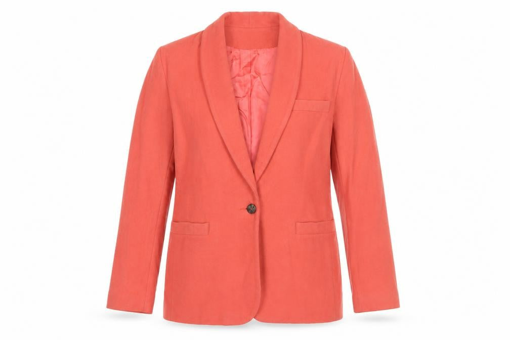 Front view of Bill Blass Women's Pink Wool Shawl Lapel Blazer, size 12