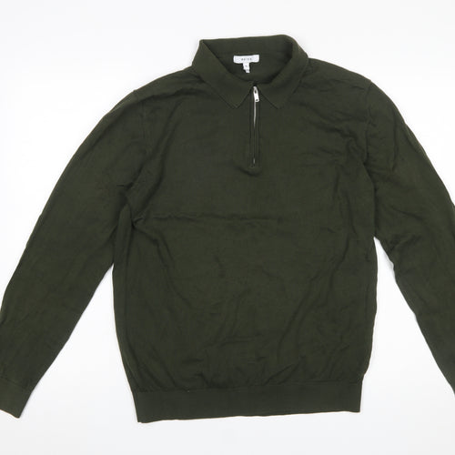 Reiss Men's Green Cotton 1/4 Zip Collared Jumper Size M