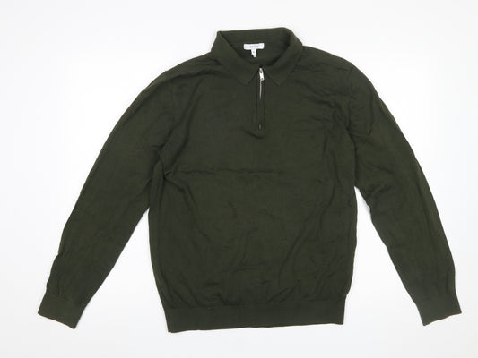 Reiss Men's Green Cotton 1/4 Zip Collared Jumper Size M