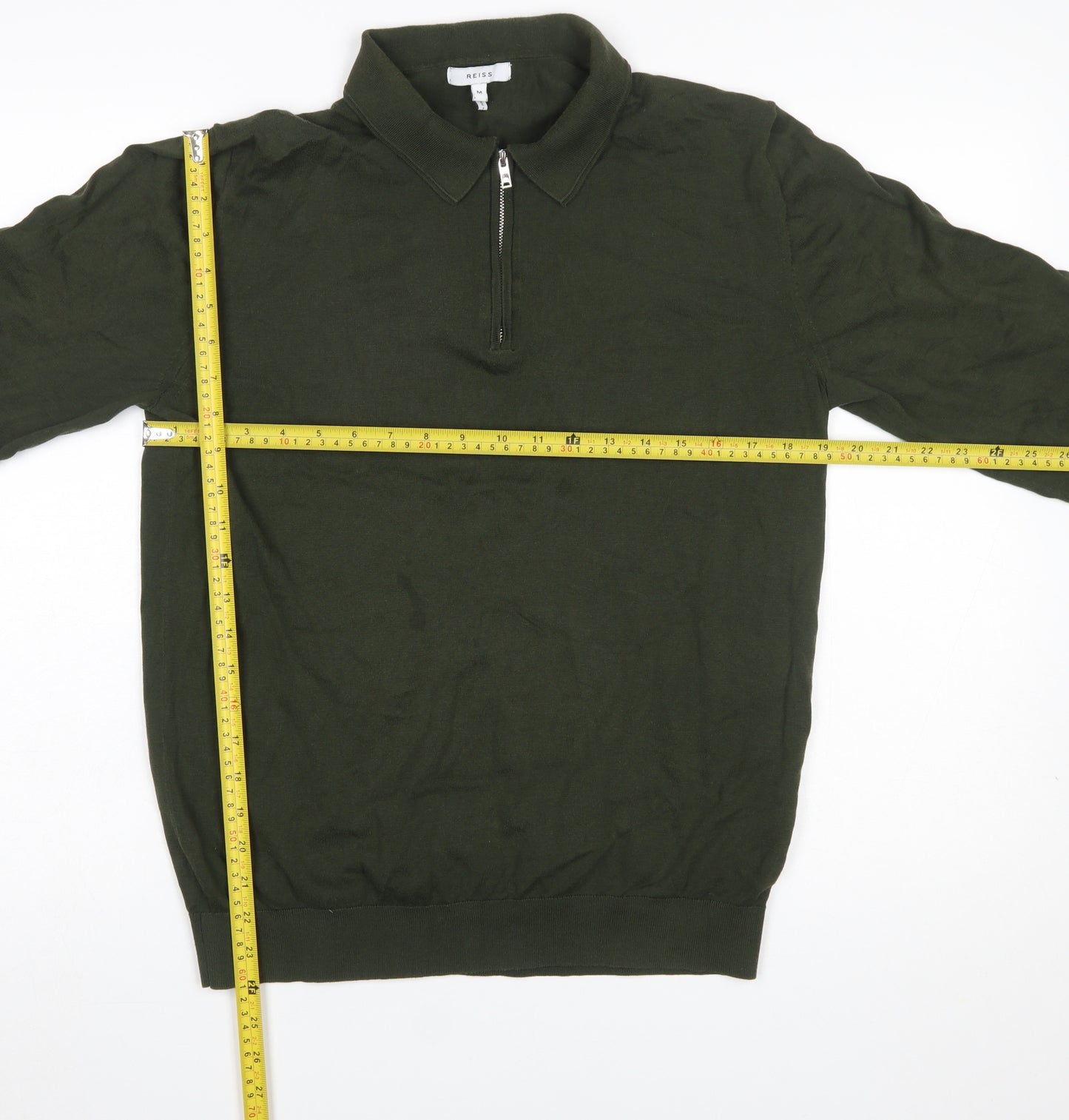 Reiss Men's Green Cotton 1/4 Zip Collared Jumper Size M