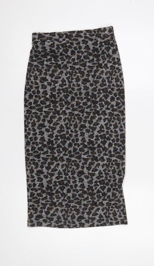 Topshop Women’s Grey Leopard Print Cotton Pencil Midi Skirt Size 8