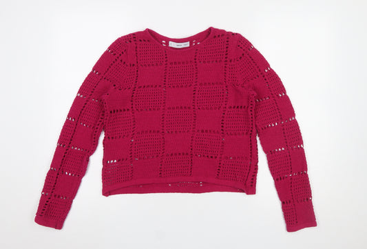 MNG Women's Pink Open-Knit Long Sleeve Jumper Size XL