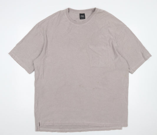 Zara Women Beige Cotton Relaxed Fit Short Sleeve T-Shirt Size L