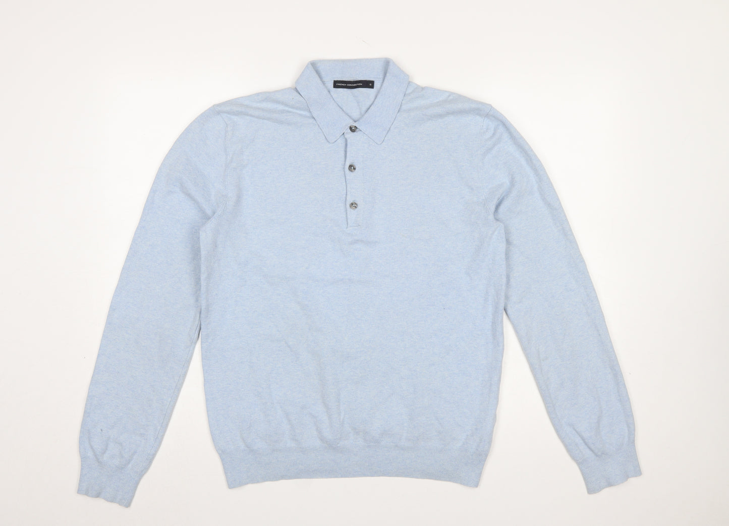 French Connection Men's Blue Collared Henley Jumper Size S