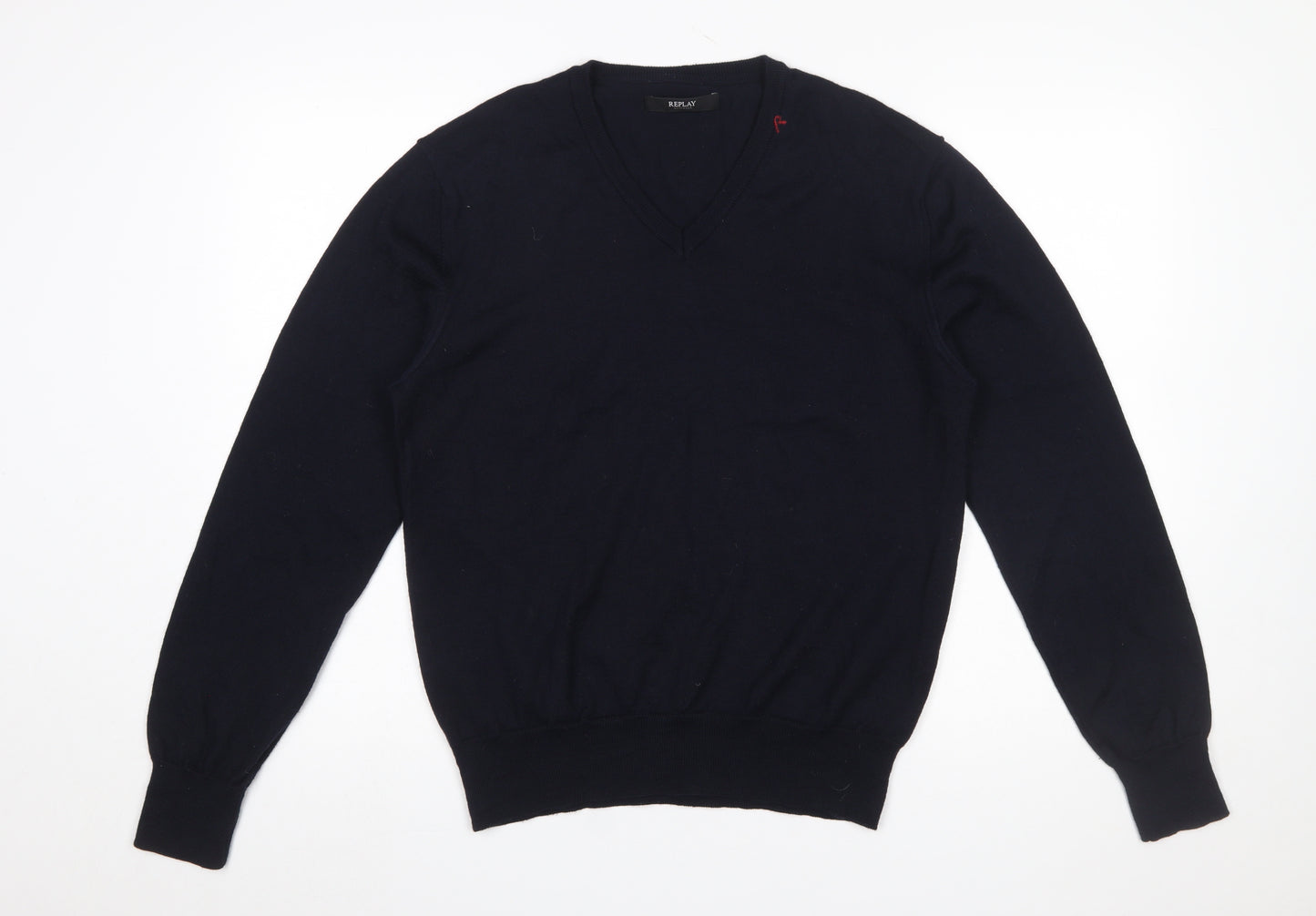 Replay Men's Blue Wool Blend V-Neck Pullover Jumper L