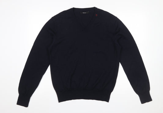 Replay Men's Blue Wool Blend V-Neck Pullover Jumper L