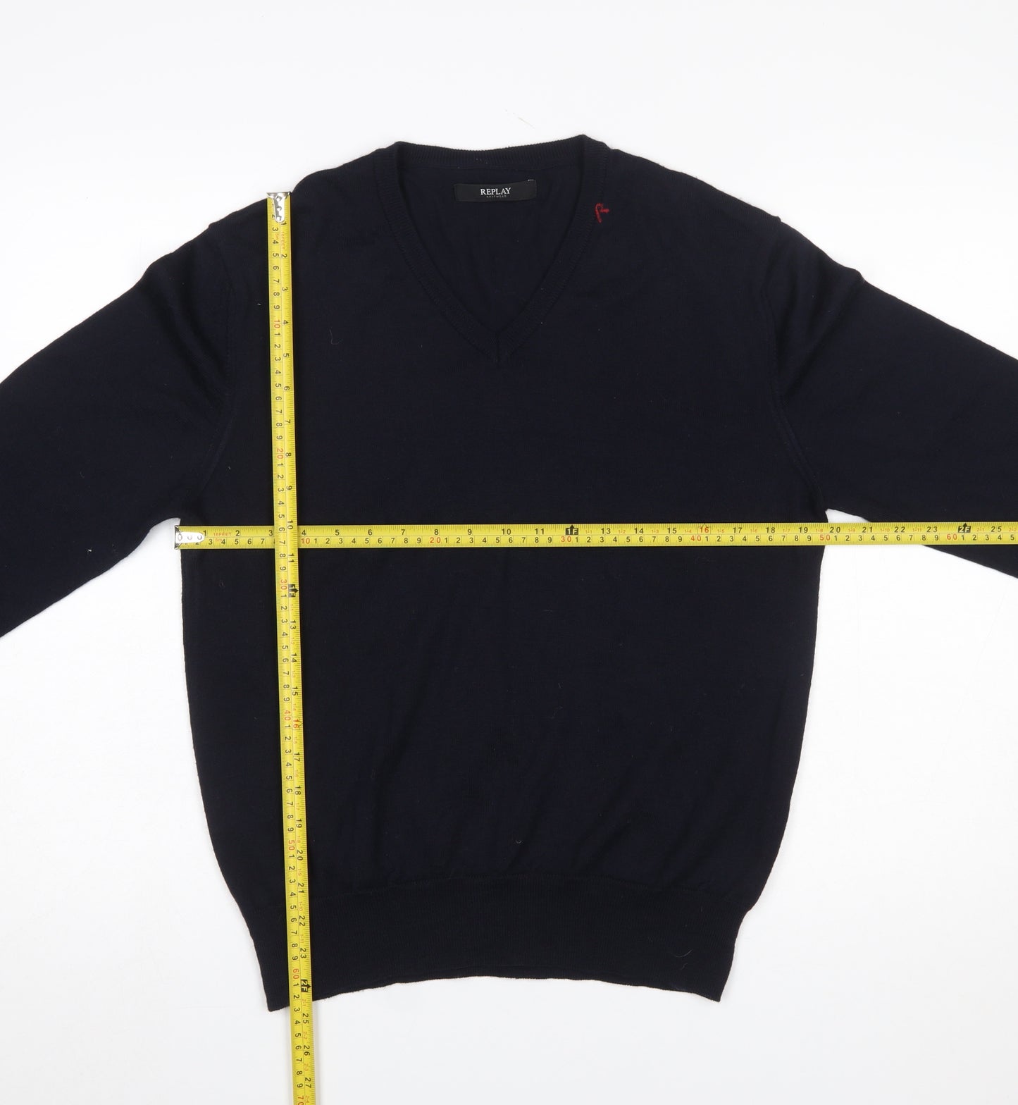 Replay Men's Blue Wool Blend V-Neck Pullover Jumper L