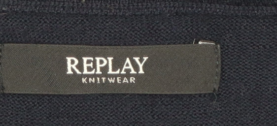 Replay Men's Blue Wool Blend V-Neck Pullover Jumper L