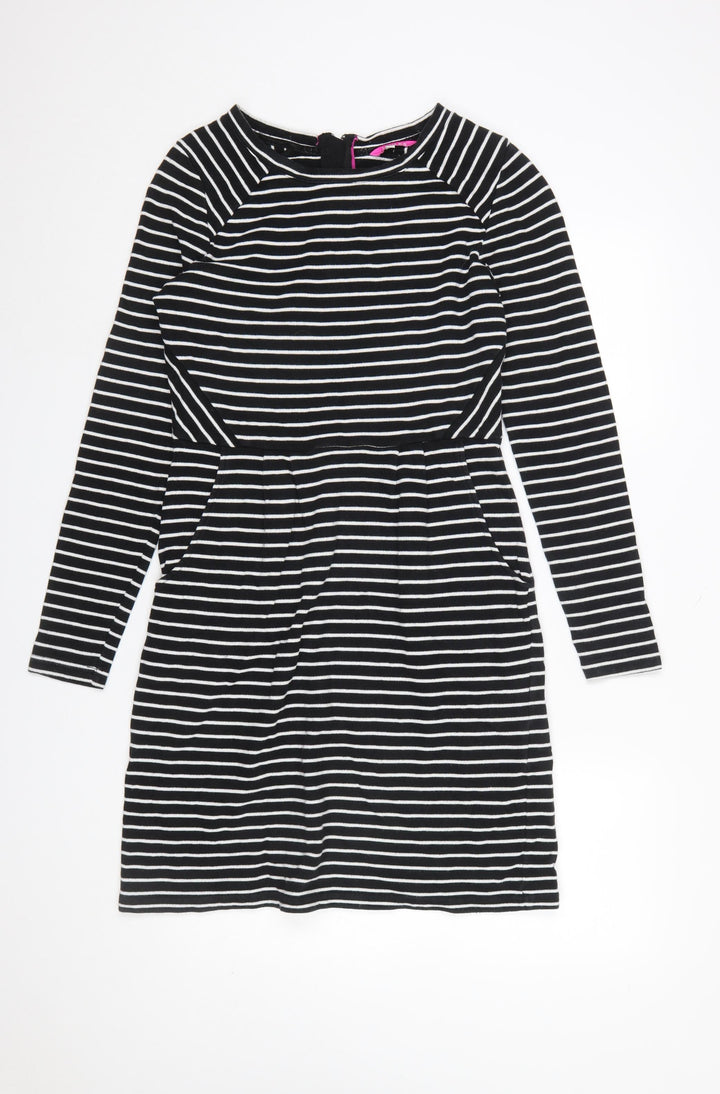 Joules Women’s Black White Stripe Shift Dress Size 12 Long Sleeve
