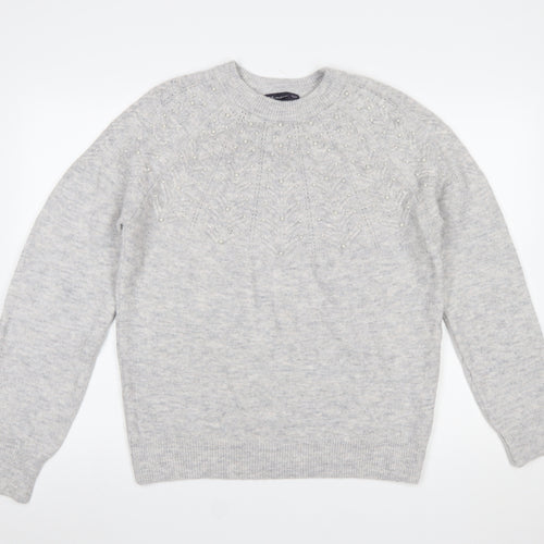 Marks and Spencer Women's Grey Beaded Crew Neck Jumper Size M