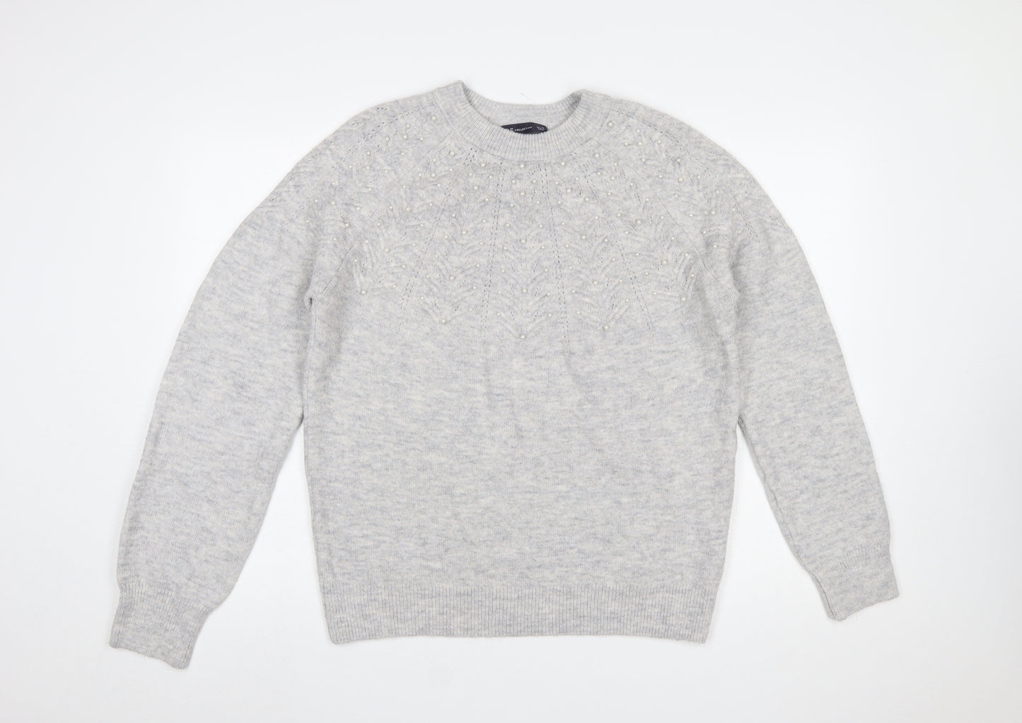 Marks and Spencer Women's Grey Beaded Crew Neck Jumper Size M