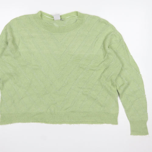 ICHI Women Green Cable-Knit Crew Neck Pullover Jumper Size L