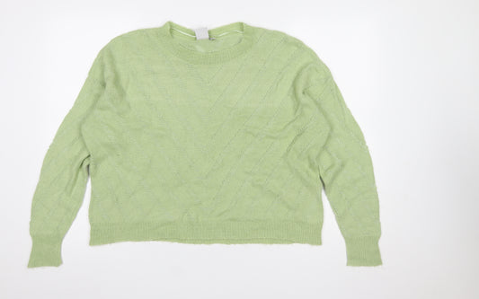 ICHI Women Green Cable-Knit Crew Neck Pullover Jumper Size L
