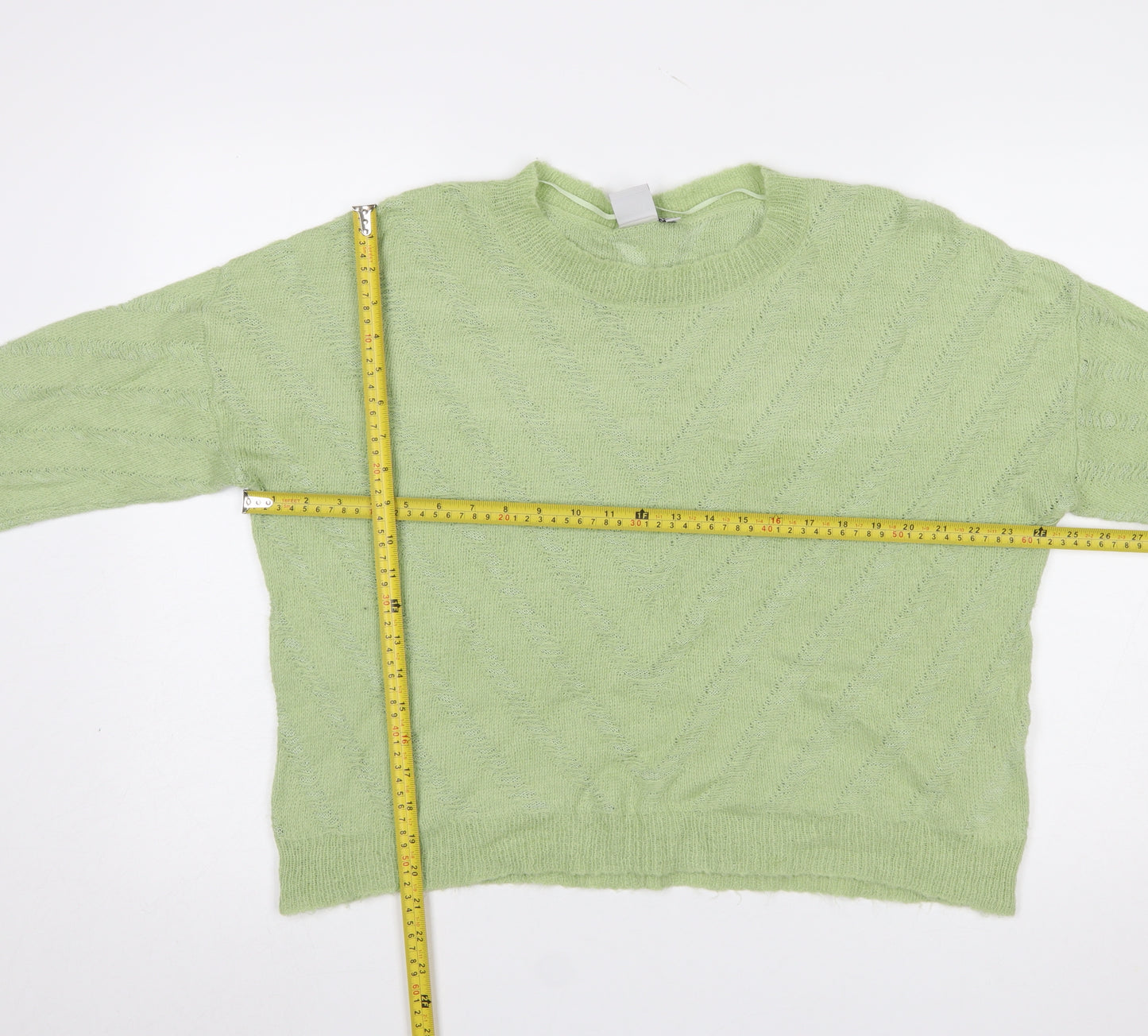 ICHI Women Green Cable-Knit Crew Neck Pullover Jumper Size L