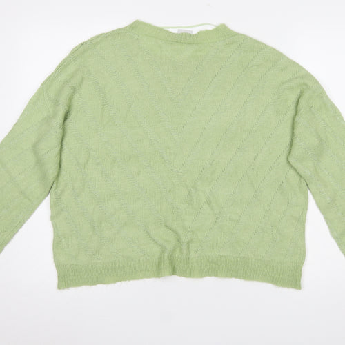 ICHI Women Green Cable-Knit Crew Neck Pullover Jumper Size L