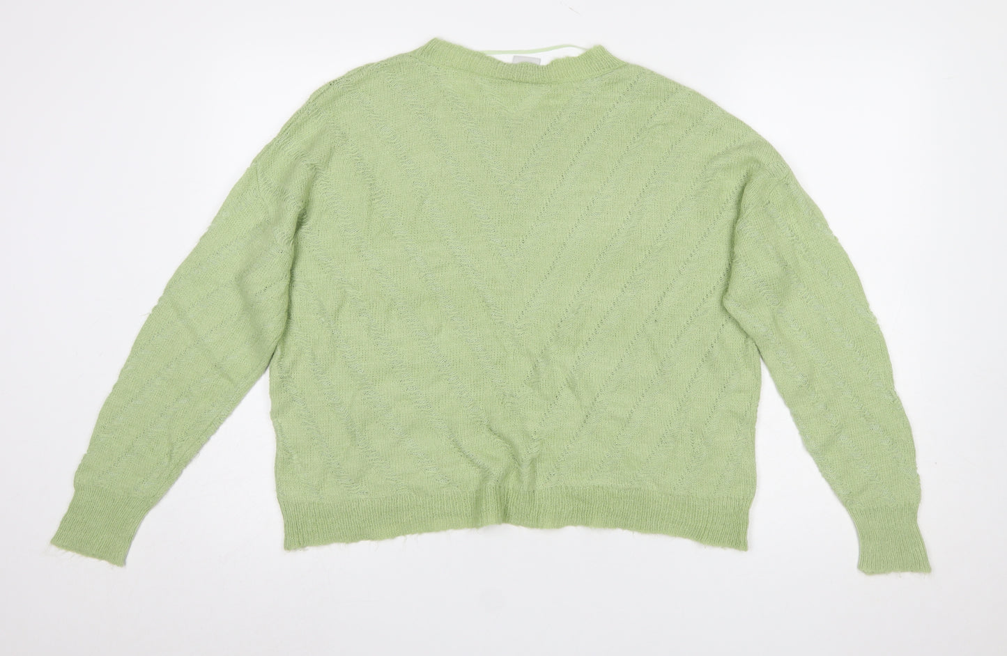 ICHI Women Green Cable-Knit Crew Neck Pullover Jumper Size L