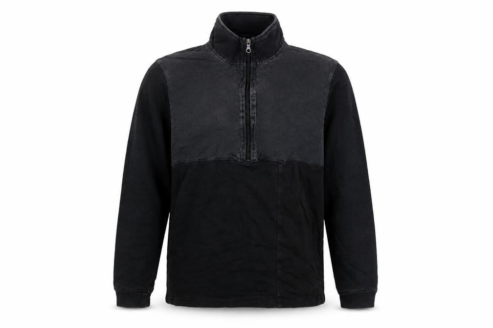 Front view of Folk Men's Black Half Zip Cotton Linen Sweatshirt, size M