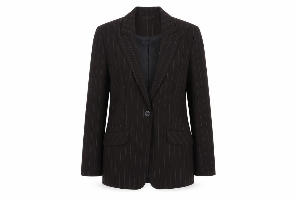 Front view of Principles Petite Brown Pinstripe Blazer women’s, size UK 6, single breasted