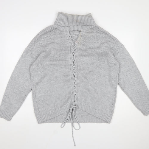 HOT!MESS Women Grey Roll Neck Lace-Up Knit Jumper One Size Acrylic Blend