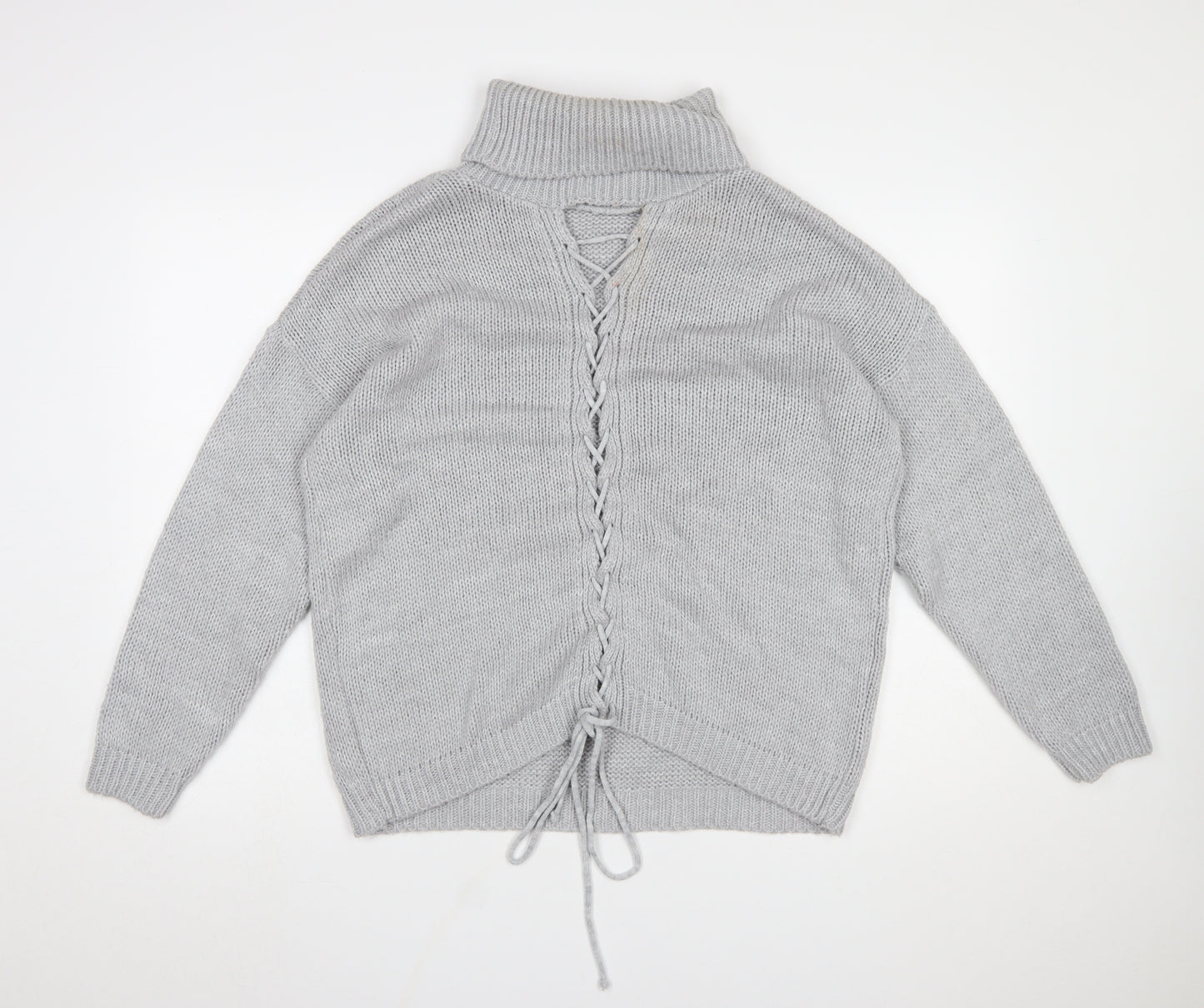 HOT!MESS Women Grey Roll Neck Lace-Up Knit Jumper One Size Acrylic Blend