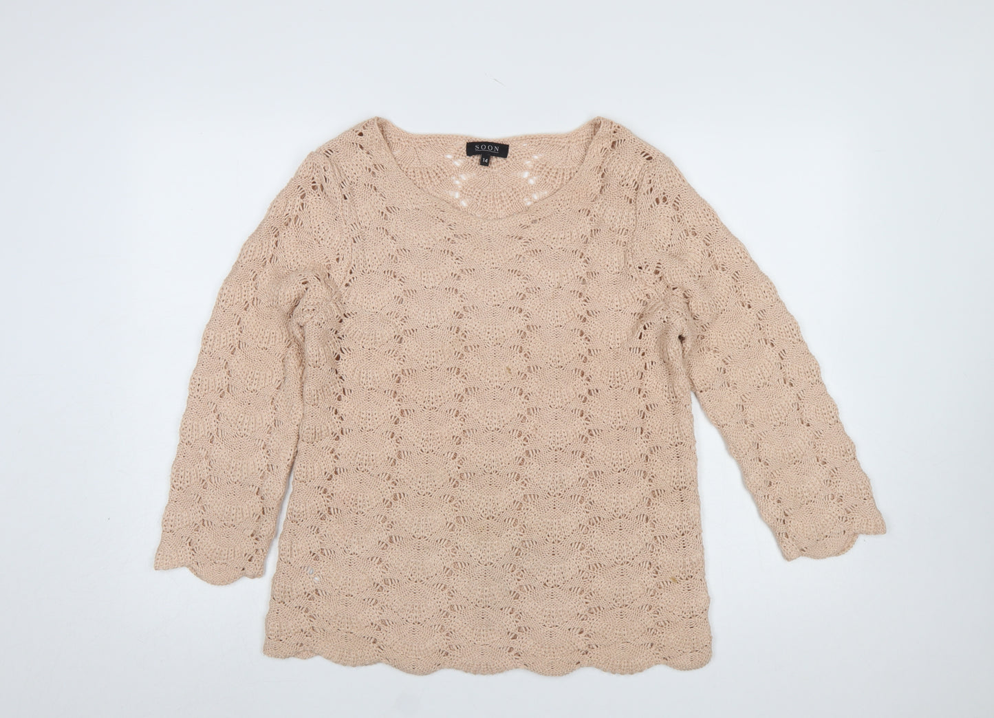 Soon Women Beige Open-Knit Pullover Jumper Size 14