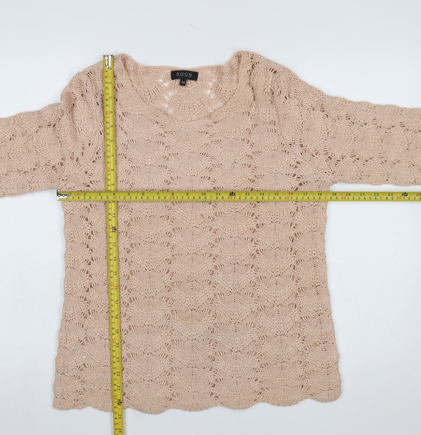 Soon Women Beige Open-Knit Pullover Jumper Size 14