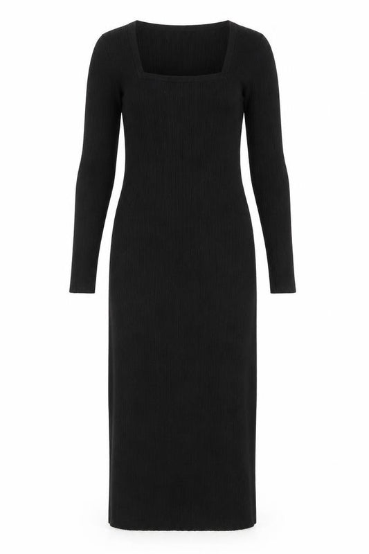 Front view of ASOS DESIGN Women Black, size 12, Bodycon Midi Long Sleeve Dress