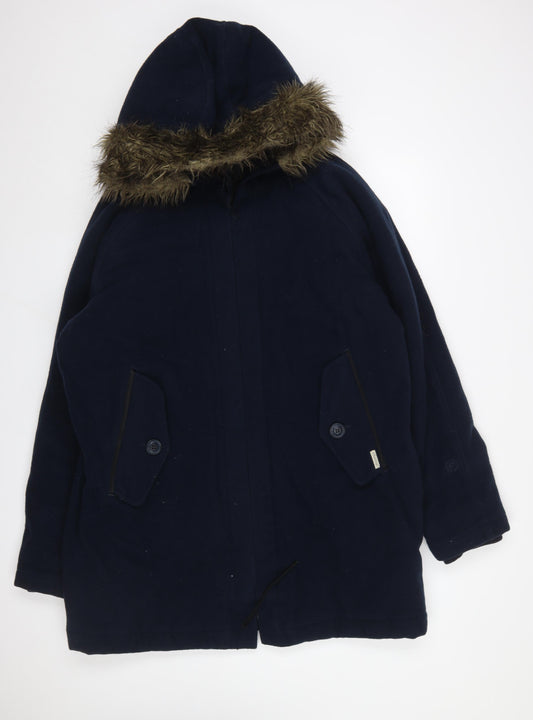 Firetrap Men Blue Wool Blend Fur Hood Parka Coat Size L