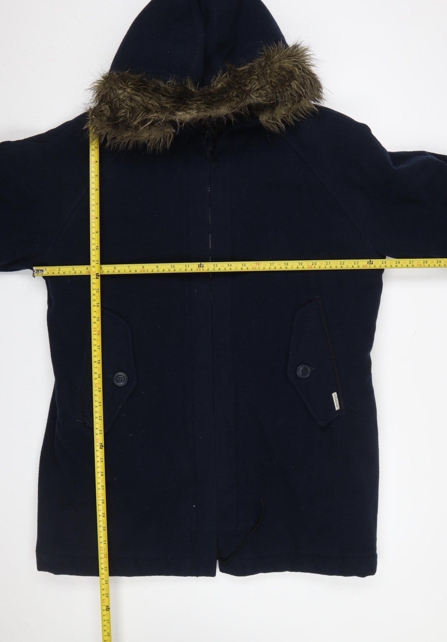 Firetrap Men Blue Wool Blend Fur Hood Parka Coat Size L